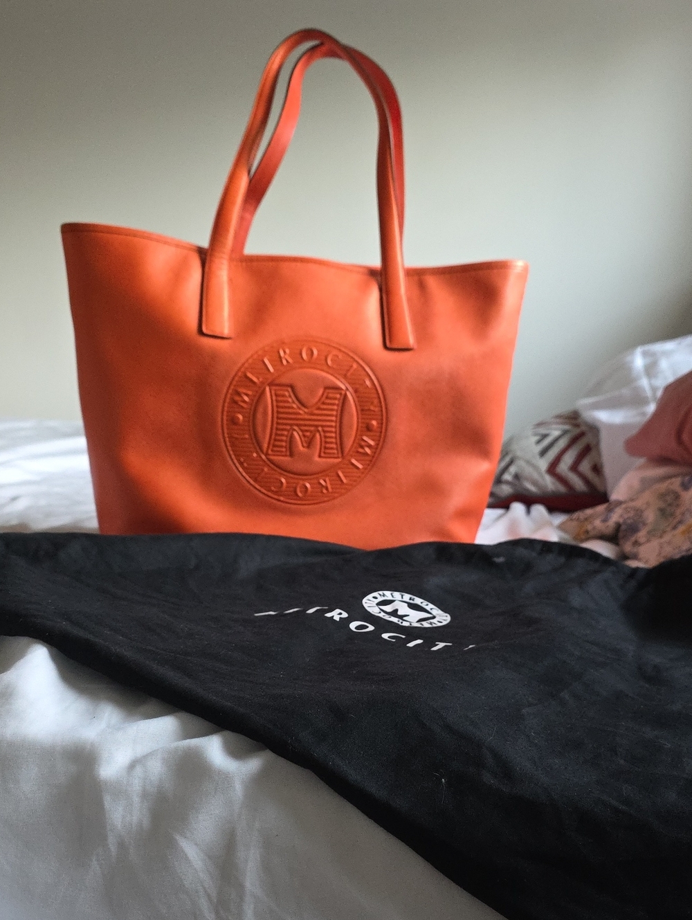 Orange Leather Tote with Embossed Logo